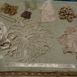 VINTAGE DOILYS RIBBON & JEWELRY PARTS AND BEADS ETC. LOT
